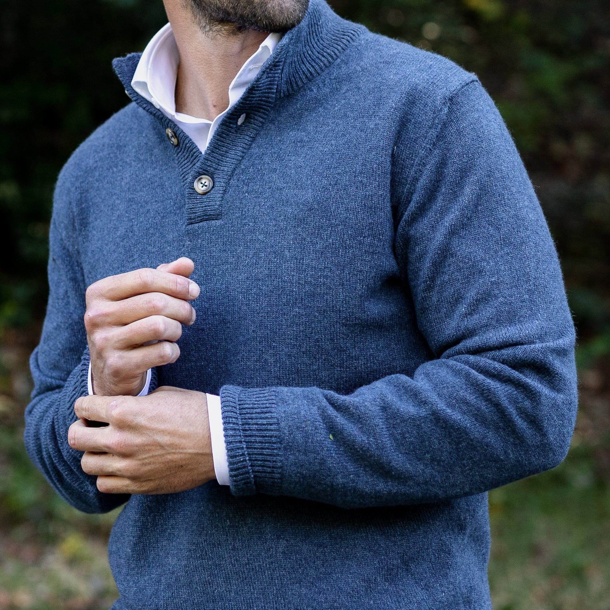 Blue Heather Brewer Mock Neck Sweater styled in casual lifestyle setting