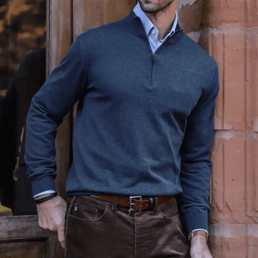 Cadet Blue Easterley Pullover Sweater  worn over a dress shirt