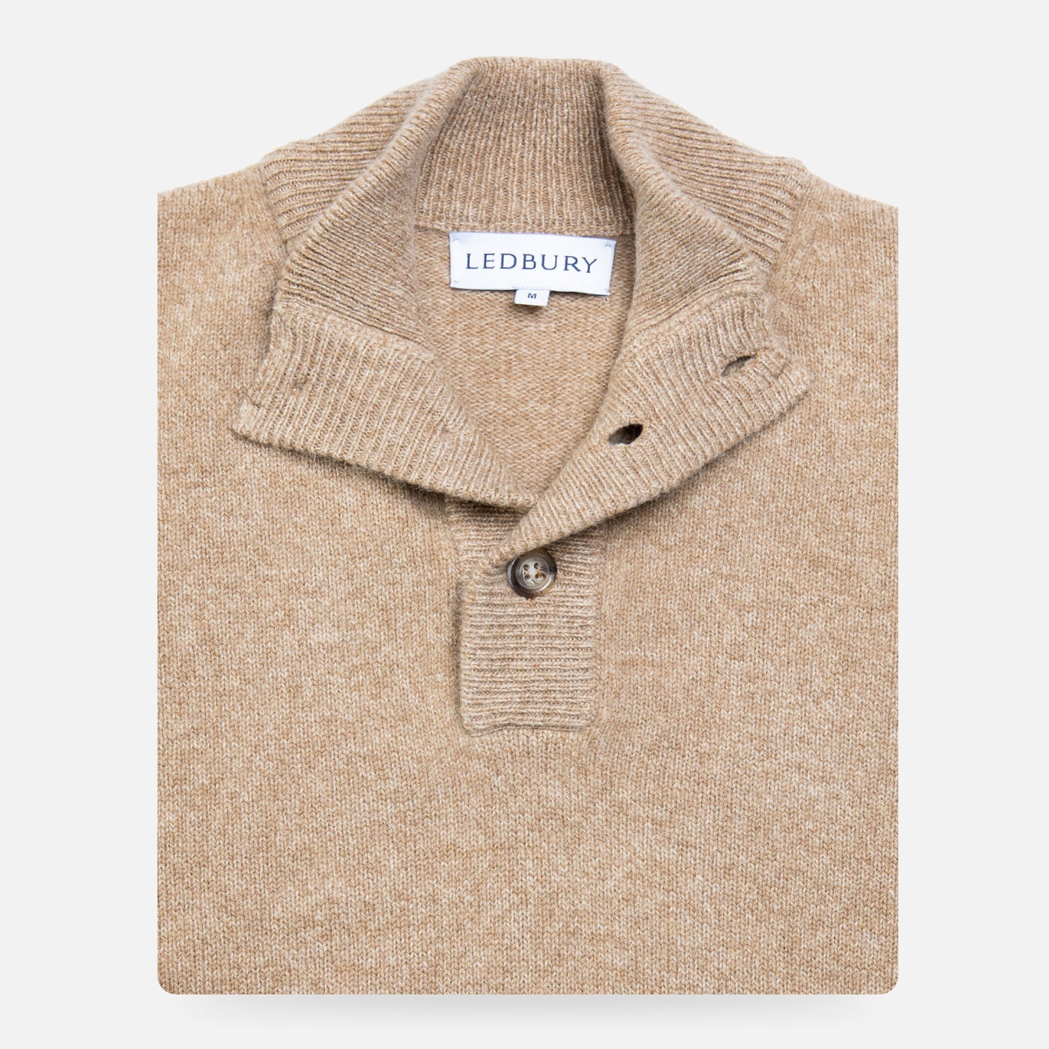 Camel Heather Brewer Mock Neck Sweater laid flat