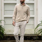Camel Heather Brewer Mock Neck Sweater worn in lifestyle setting, layered over a dress shirt