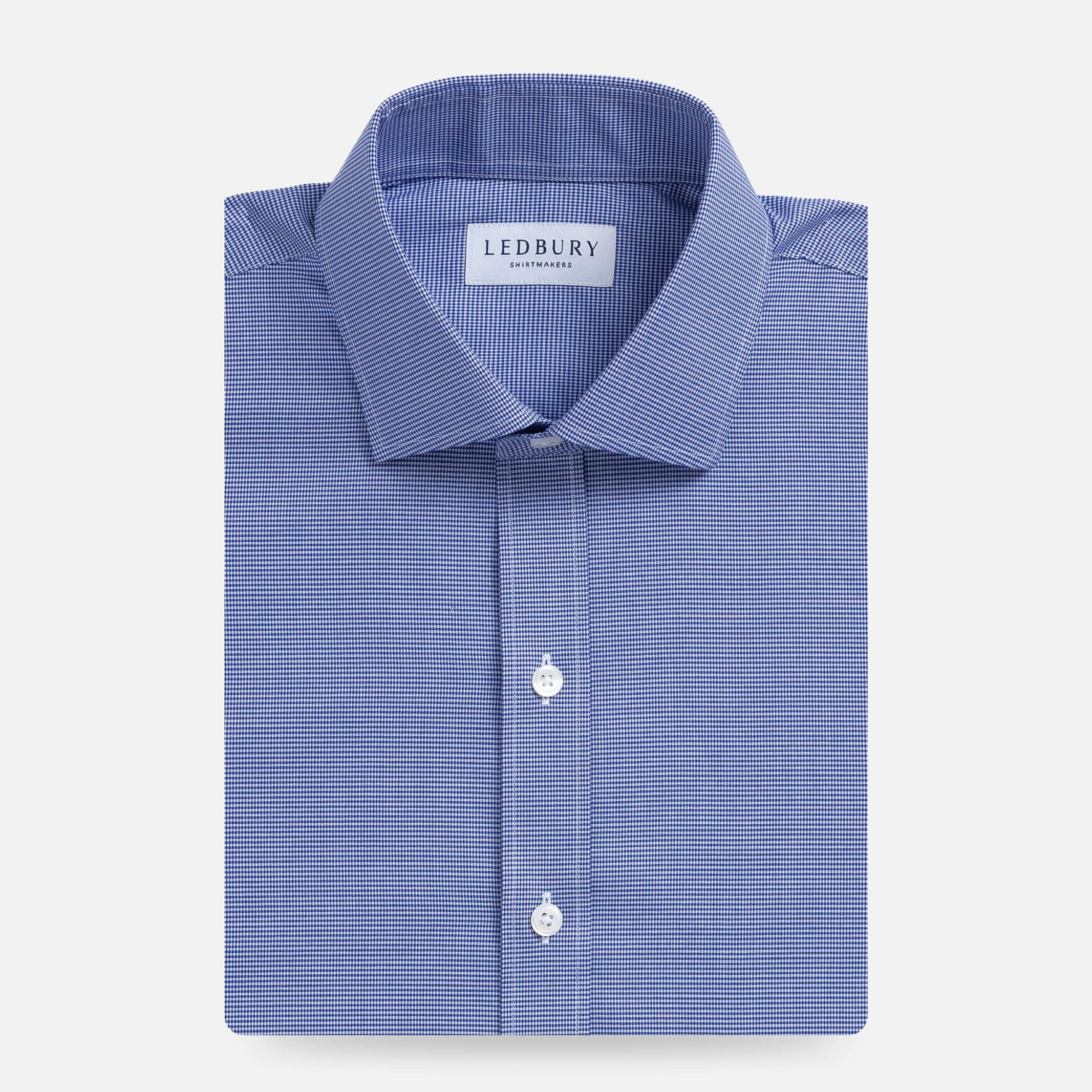 Deep blue micro gingham dress shirt flat lay - Kent micro-twill custom fit