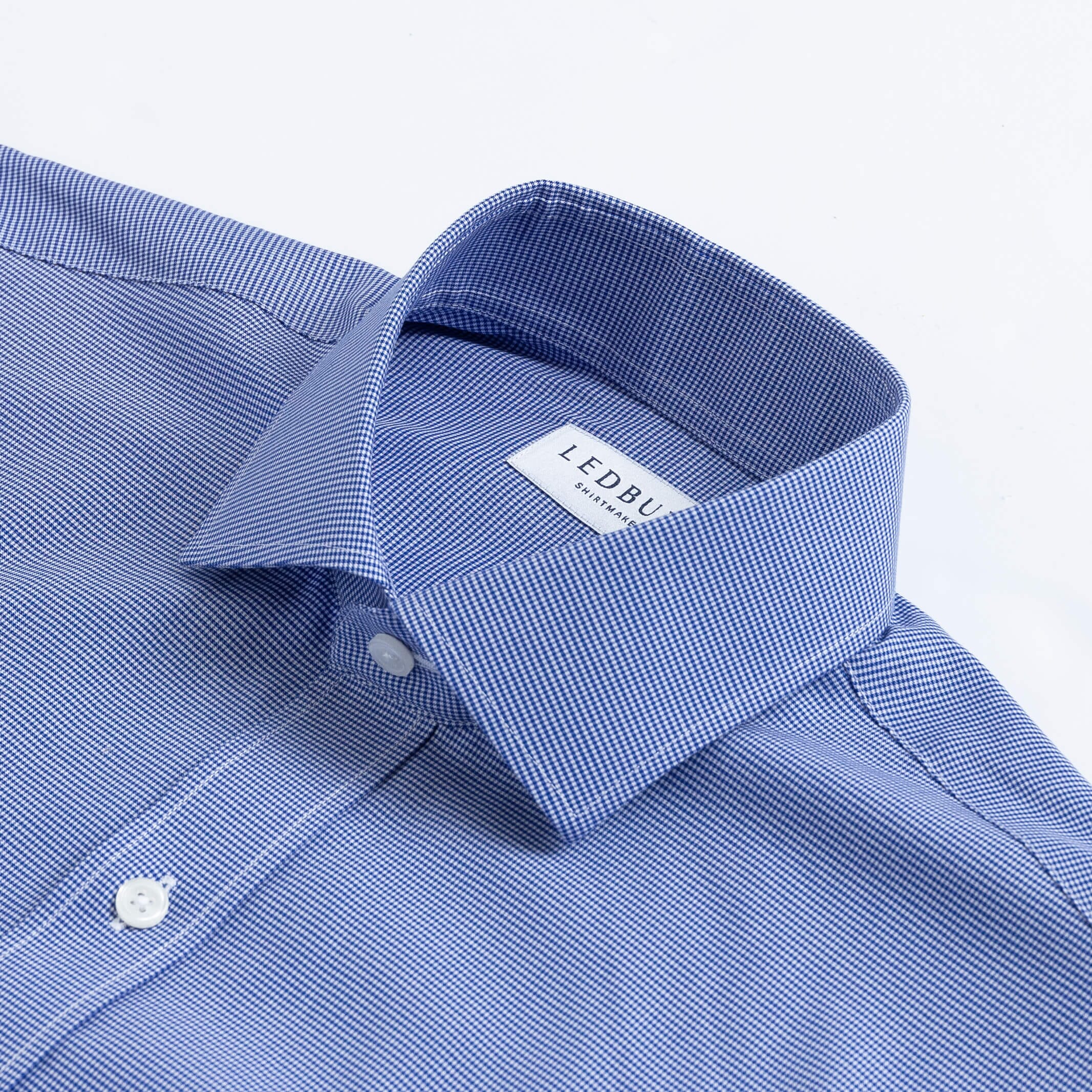 Deep blue dress shirt collar with micro gingham - Kent micro-twill detail