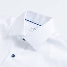 White dress shirt collar with navy button detail - fine twill custom shirt