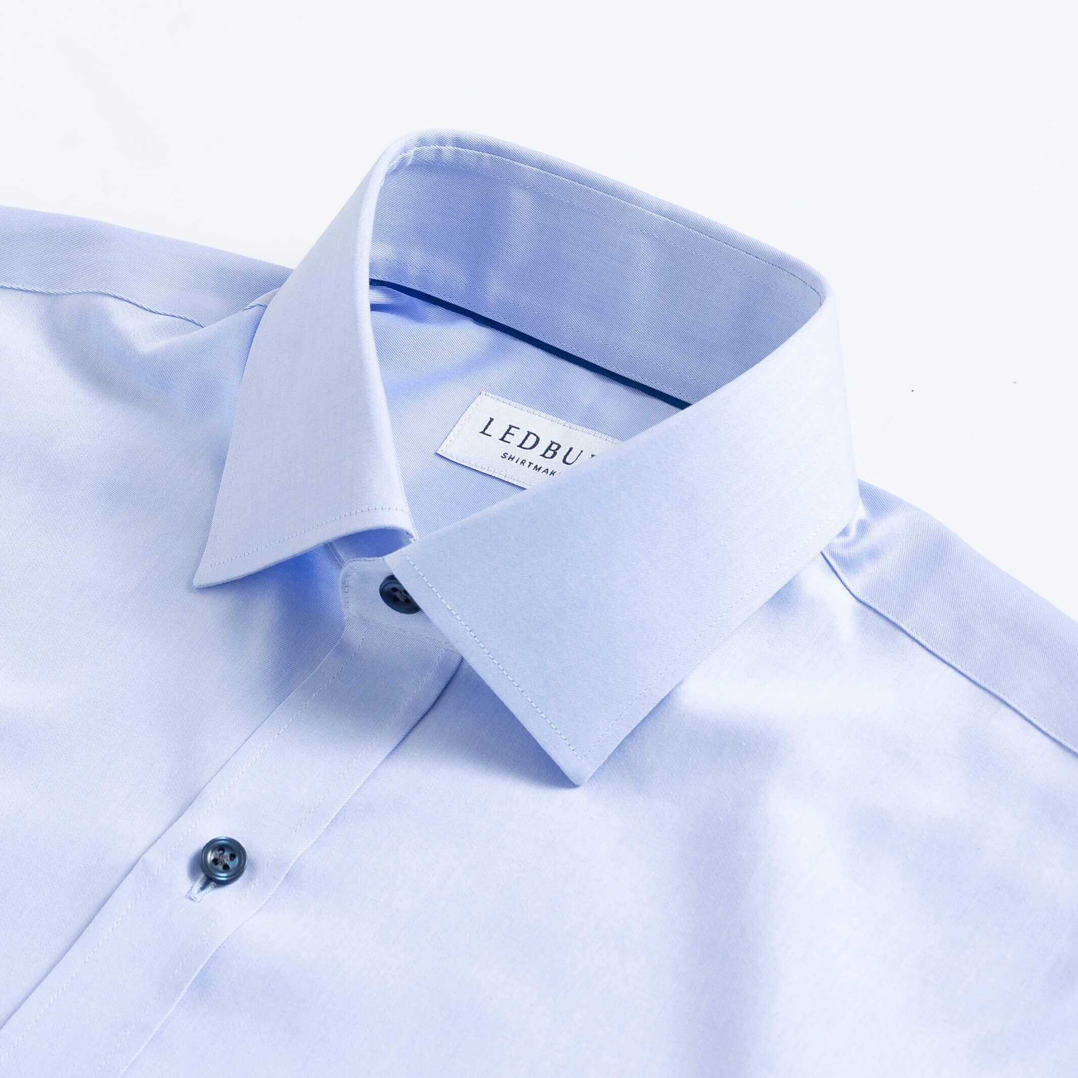 Blue dress shirt collar with navy button detail - fine twill custom shirt