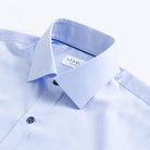 Blue dress shirt collar with navy button detail - fine twill custom shirt